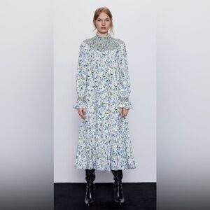Zara Blogger Fave Printed Rustic Smocked High Neck Floral Midi Dress Cottagecore